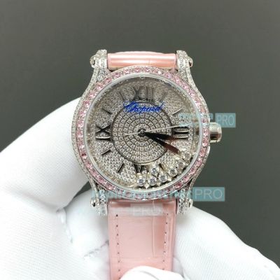 YF Factory Super Clone Chopard Happy Diamonds Pink Diamond Bezel Pave Diamond Dial Watch 